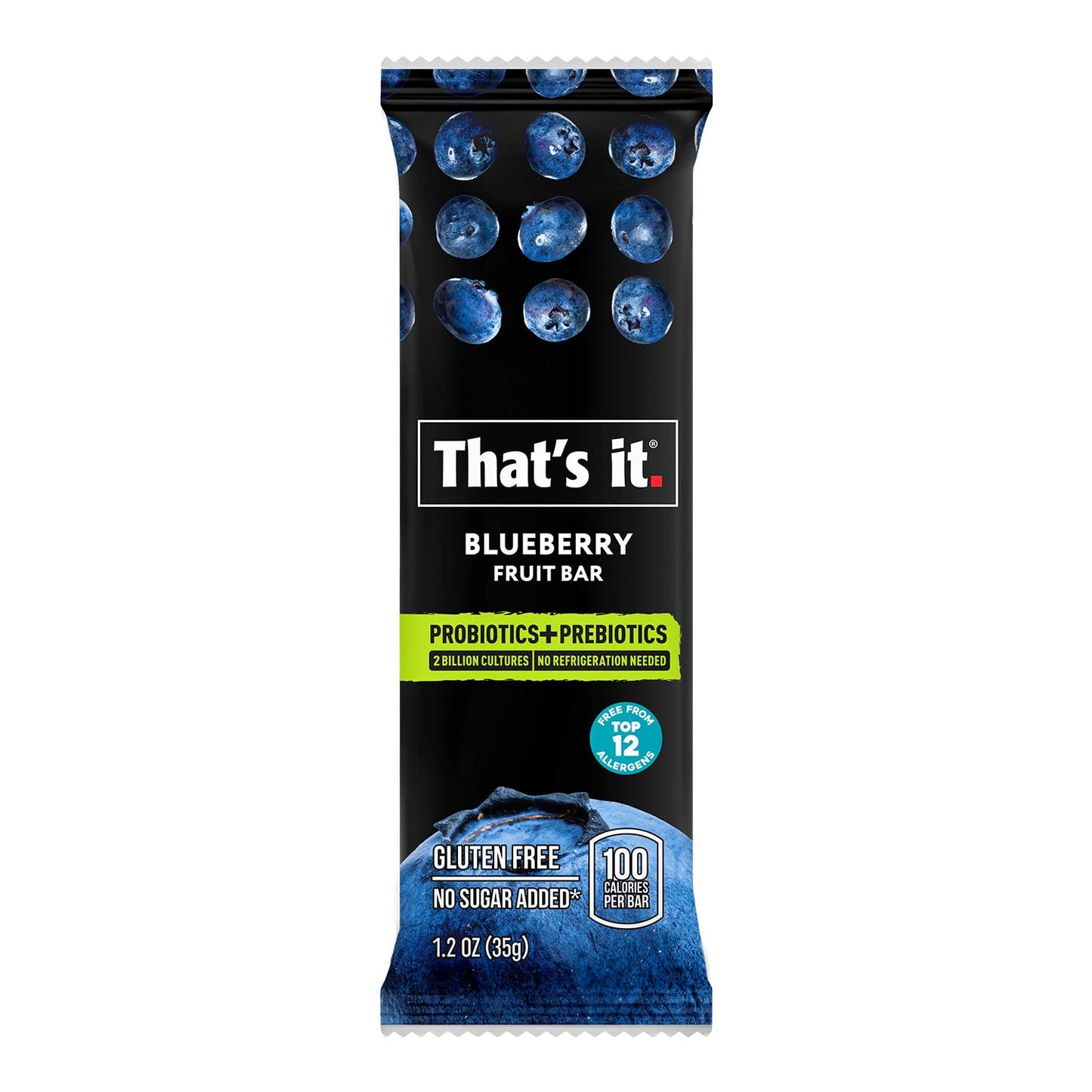 That's it. Probiotic Fruit Bar Variety Pack, Mango & Blueberry Flavors, Just Real Fruit + Probiotics, 100 Calories Per Bar, All Natural, 2-3
