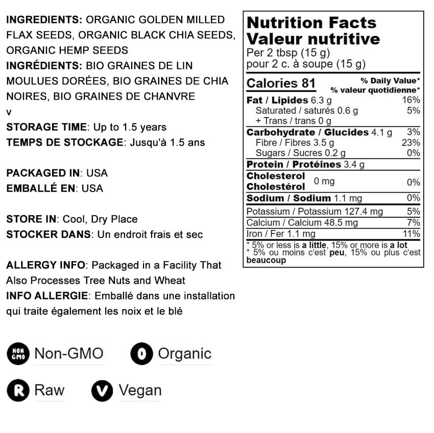 Food to Live Organic FiberFull Flax, Hemp and Chia Seeds Blend, 10 Pounds with Cold-Milled Flax, Non-GMO, Bulk. Rich in Omega 3 and Fiber. Perfect