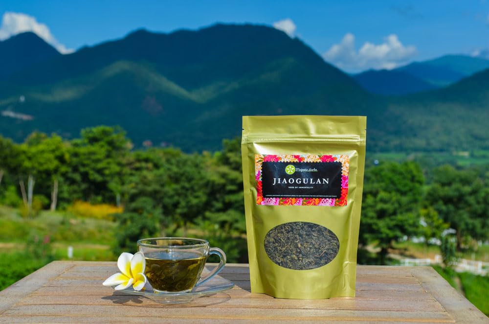 Jiaogulan Tea (Gynostemma Pentaphyllum) by Majestic Herbs | Organically Grown Loose Leaf Tea | Caffeine-Free | Fair-Trade |100g