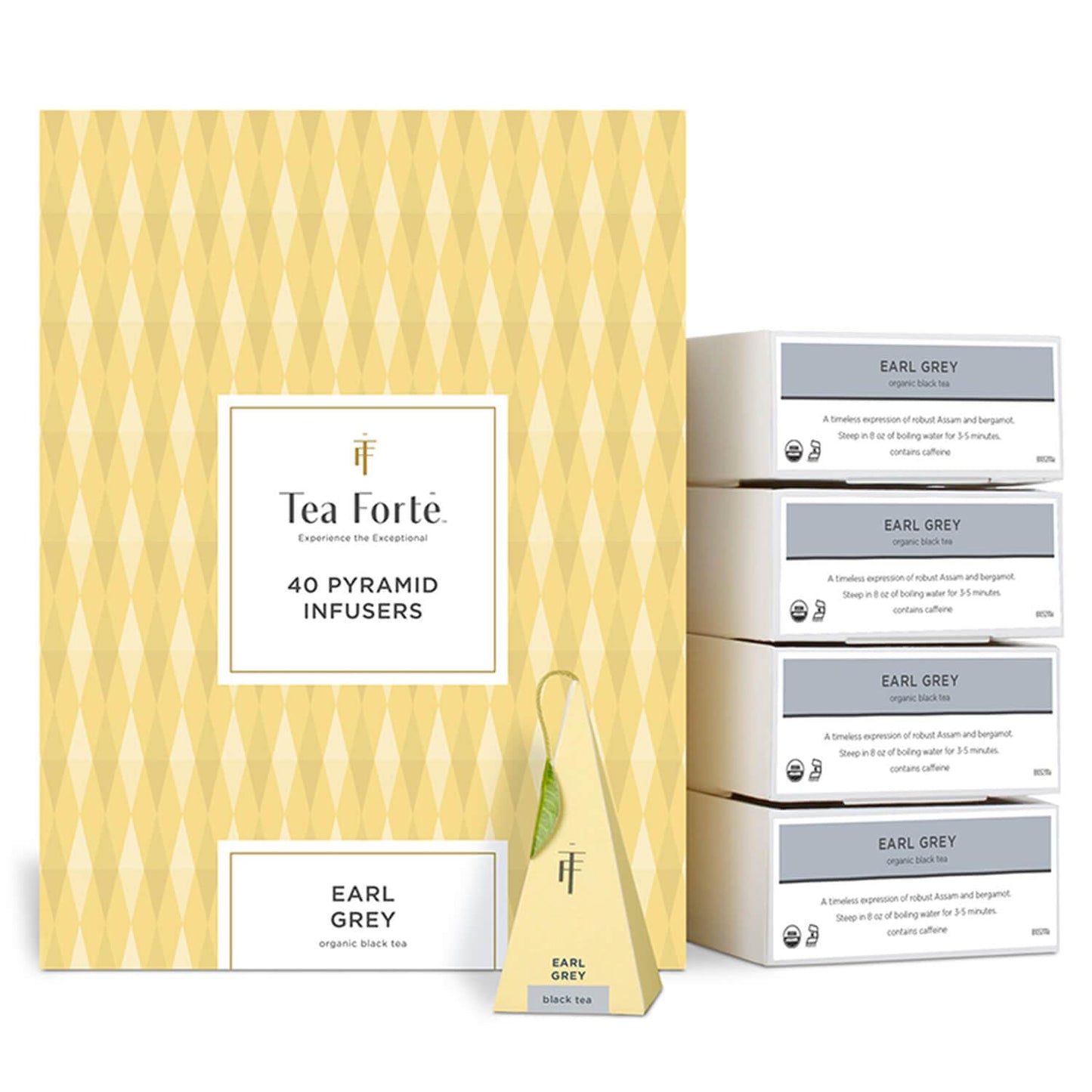 Tea Forte Earl Grey Premium Organic Caffeinated Black Tea Blend Event Box, Bulk Pack 40 Count, 10 per tray Individually Wrapped Handcrafted Pyramid