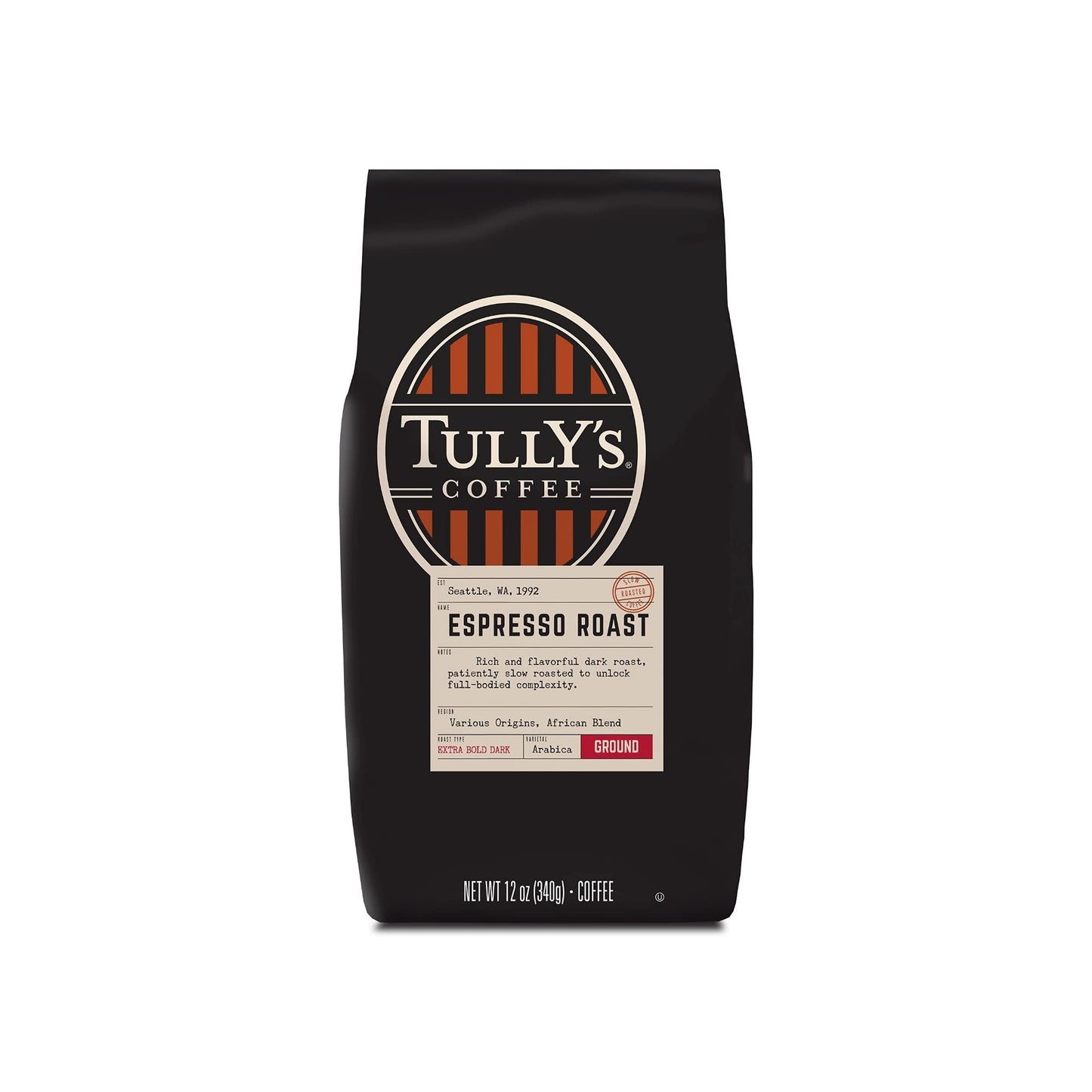 Tully's Coffee Espresso Blend, Ground Dark Roast, 12-Ounce Bags (Pack of 2)