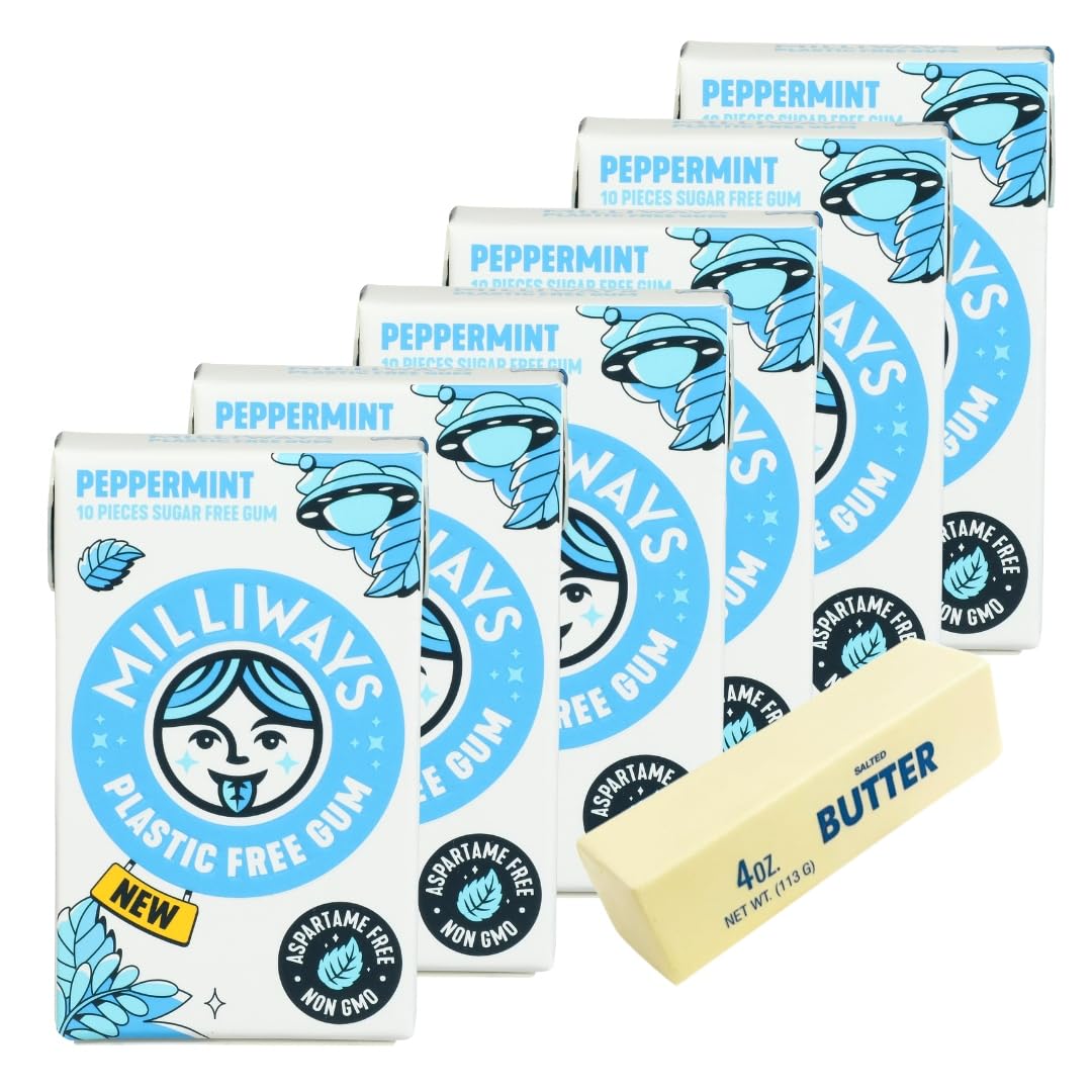 Milliways Gum Milliways Pepermint 10 PC (Pack of 6) - Xylitol Gum Chewing Gum - Mentos Gum Orbit Gum Alternative with Squishy - 7 Total Items