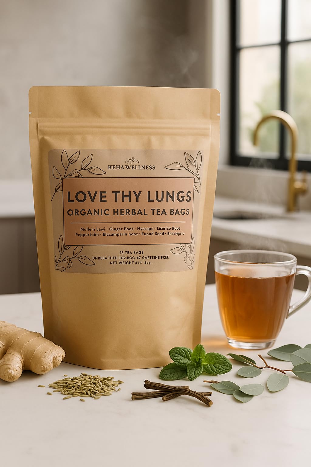 Keha Wellness Organic Love Thy Lungs Herbal Tea Bags, 15 Extra Full and Flavorful Tea Bags, Lung Cleanse and Health Tea, Respiratory Support, Caffeine