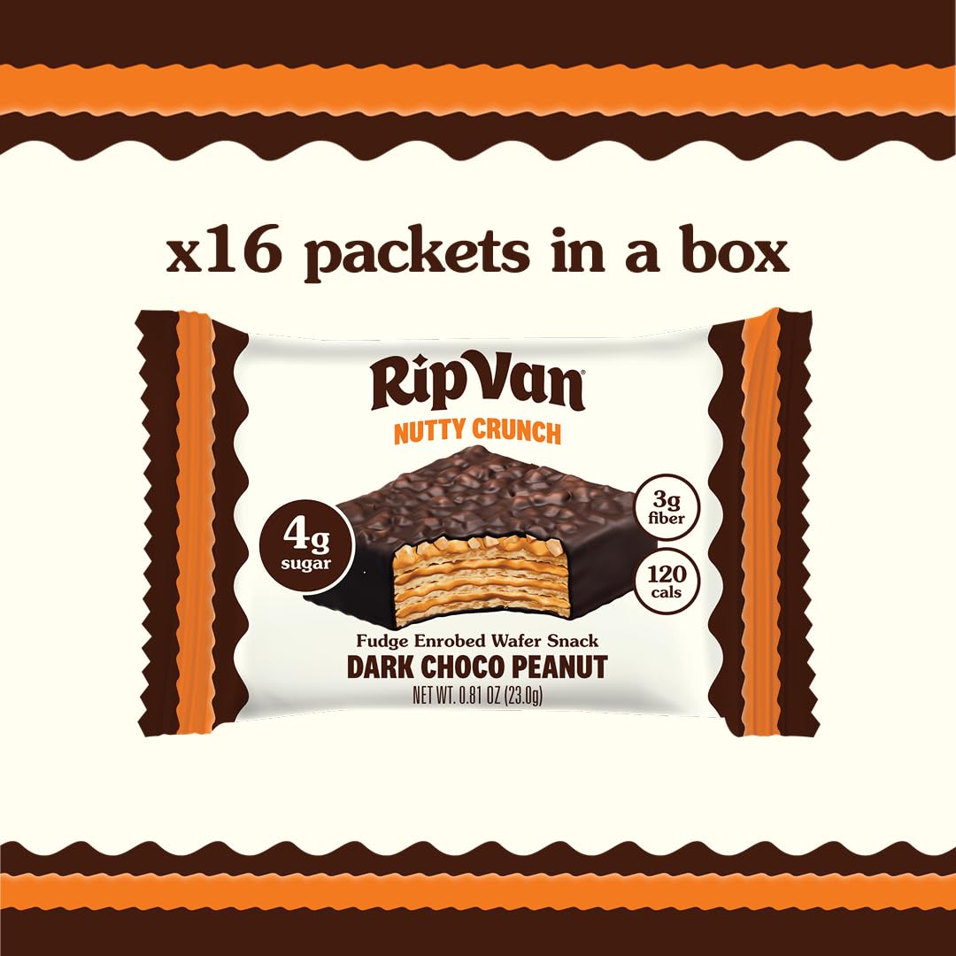 Rip Van Nutty Crunch Dark Chocolate Peanut Butter Wafer - Crispy Wafer Snack, Low Sugar, 120 Calories, Individually Wrapped - 16 Count