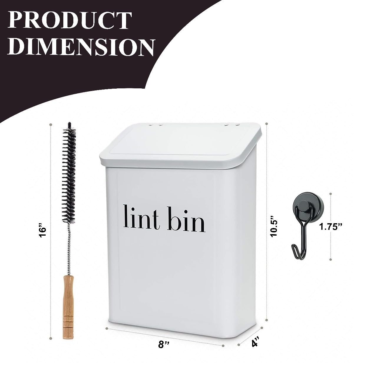 Magnetic Lint Bin with Lint Brush, Two White Hooks, one Black Back Side Hook & All Accessories for Laundry Room Decor, Wall-Mounted Lint Bin with Lid