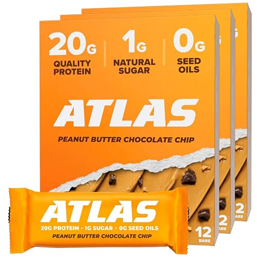 Atlas Real Food Protein Bar - 20g Clean Protein, 1g Sugar, No Seed Oils, No Artificial Sweeteners (Peanut Butter Chocolate Chip, 36 Count)