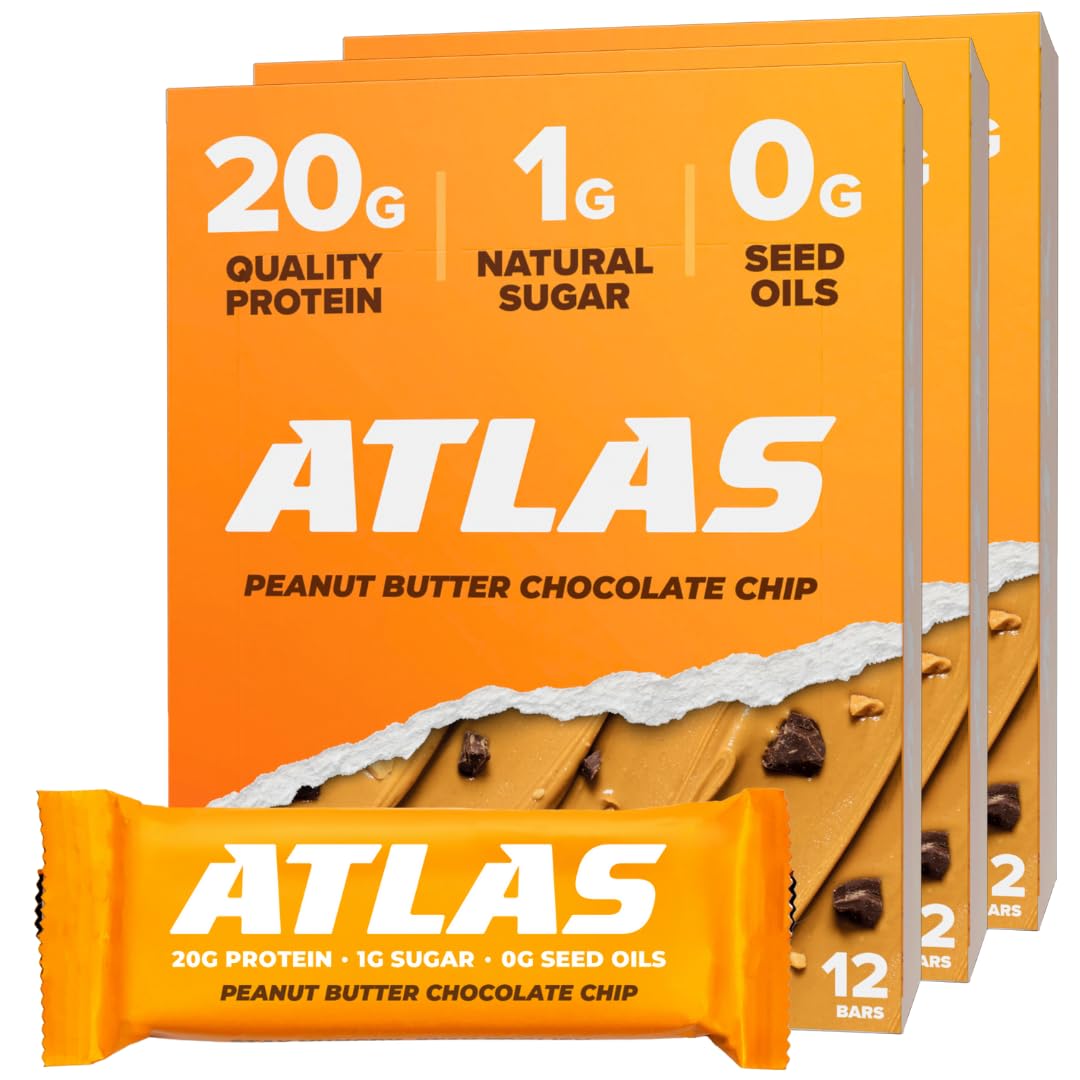 Atlas Real Food Protein Bar - 20g Clean Protein, 1g Sugar, No Seed Oils, No Artificial Sweeteners (Peanut Butter Chocolate Chip, 36 Count)