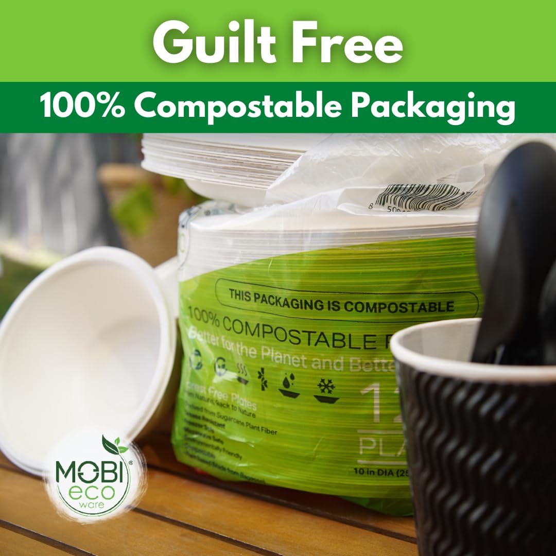 MOBI Ecoware Paper Plates, 100% Compostable-[10 Inch by 0.5" deep]-Heavy Duty Disposable Plate - (BPI Certified) - (PFAS-Free) - Eco-Friendly
