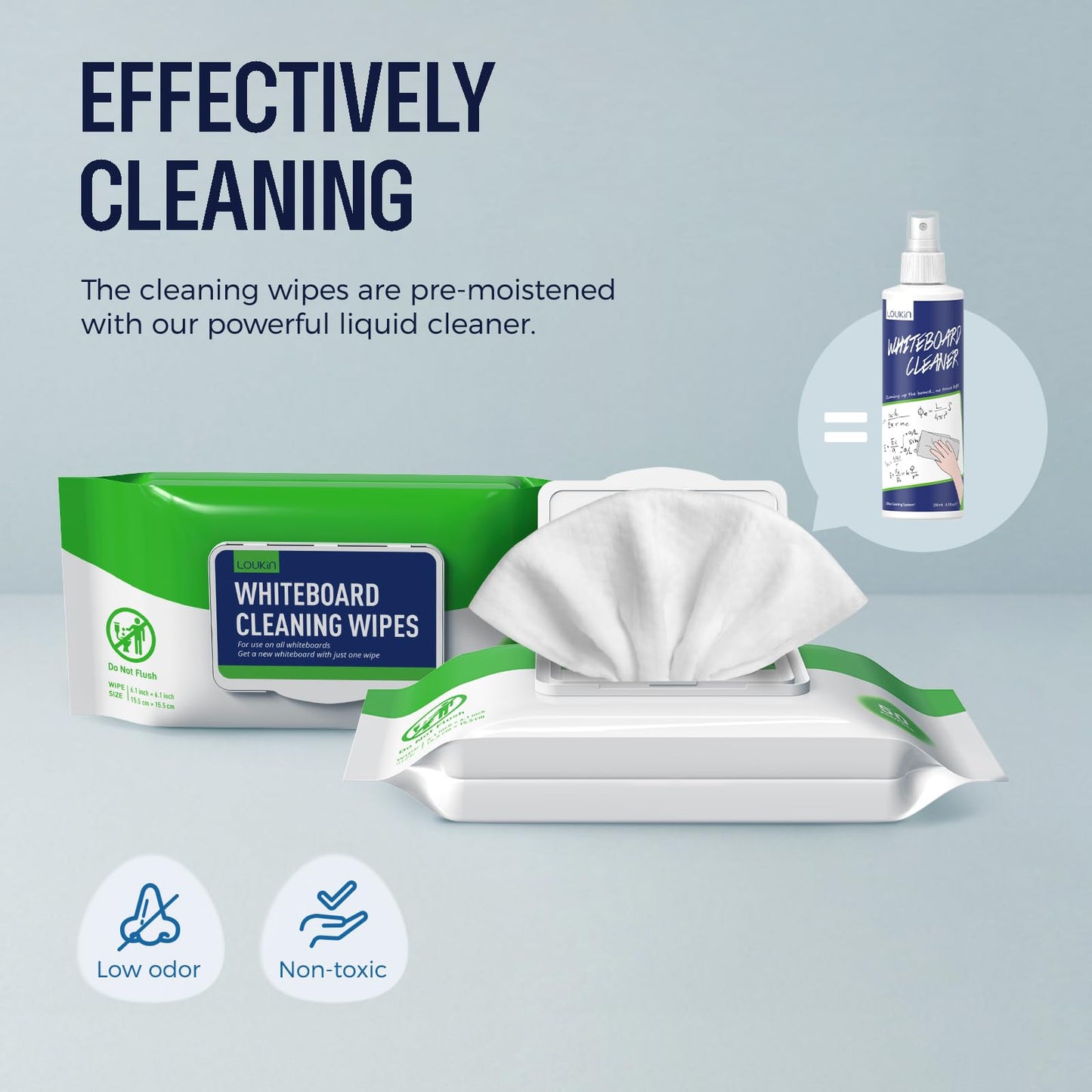LOUKIN Dry Erase Wipes, Whiteboard Cleaning Wipes, Non-Toxic Cleaning Wipes for Whiteboard, 50 Wipes Per Pack