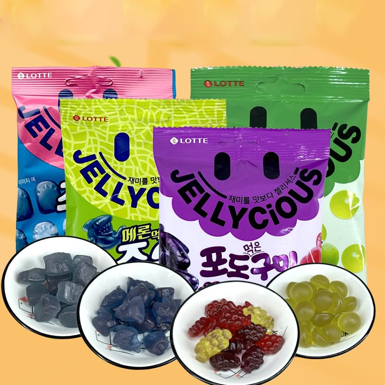 LOTTE Jellycious Grapes & Cantaloupe Gummy Candy, Korean Favorite Mixed Fruity Soft Candy, Sweet and Sour Deliciousness Juice Gummies, Casual Snacks