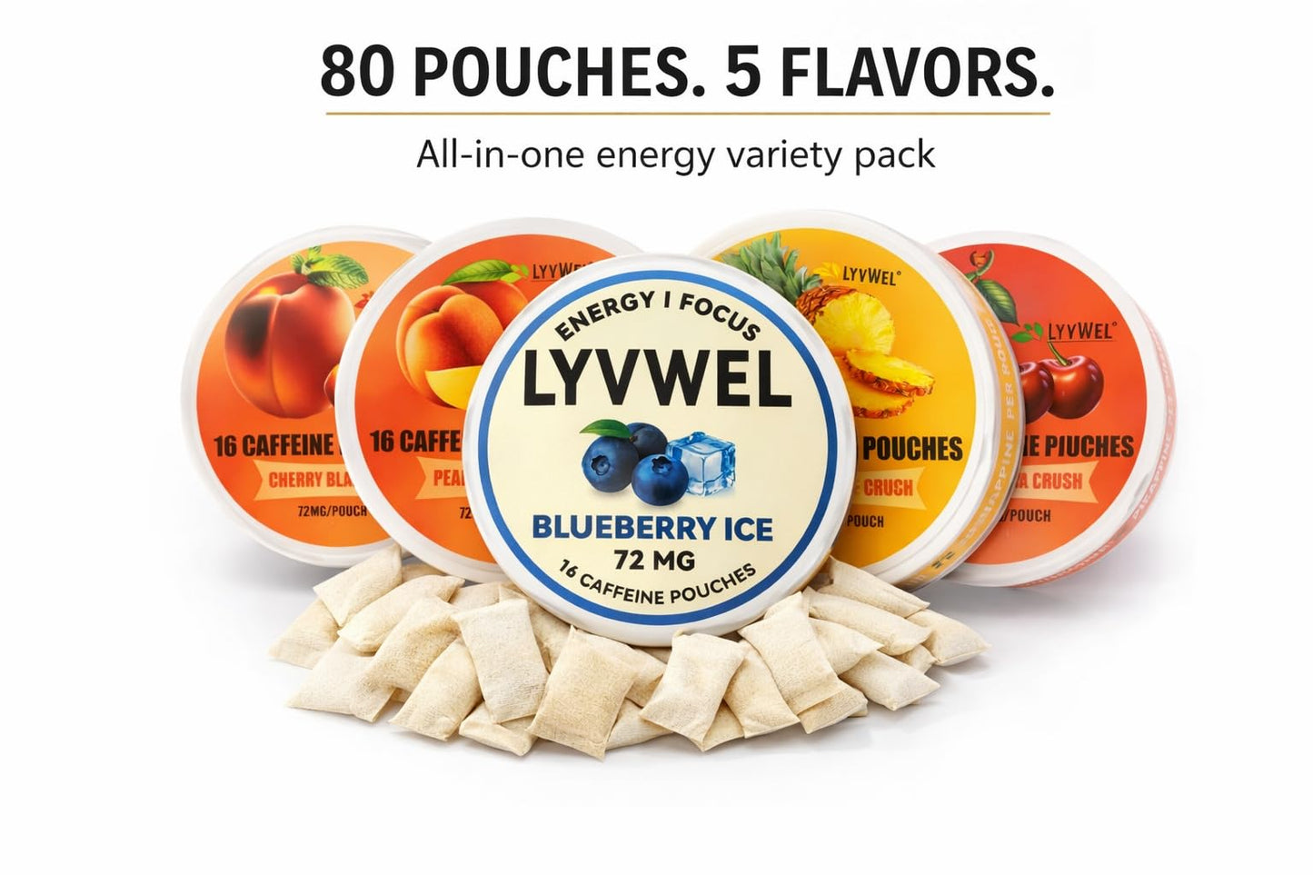 LyvWel Caffeine Dip Pouches| Nootropic Energy| Variety Pack Caffeine Pouches, 5 Flavors - Pineapple Crush, Mango Crush, Cherry Blast, Peach Iced Tea