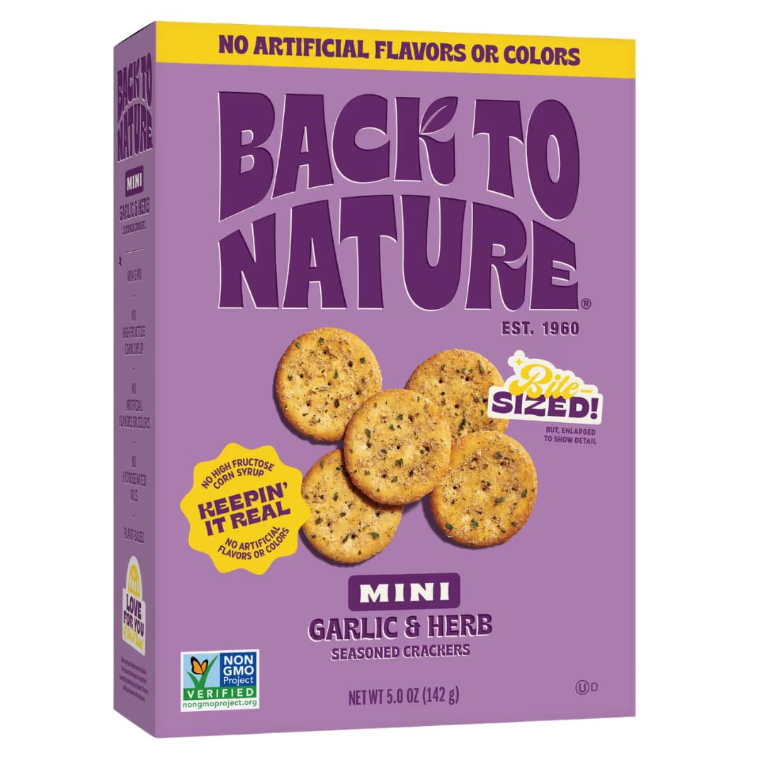 NEW Back to Nature Garlic & Herb Mini Seasoned Crackers, Non-GMO, Plant-Based Snack Cracker, Snack Happy, 5 oz Box