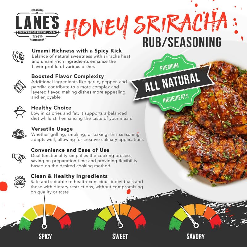 Lane's Honey Sriracha Seasoning, All-Natural Sriracha Powder Seasoning Blend with Garlic & Herb Honey Seasoning for Pork & Meat, Made in USA, 4.6 Oz