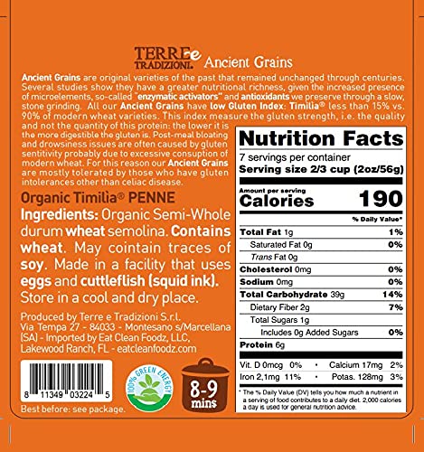 TERRE E TRADIZIONI 6 PACKS ORGANIC ITALIAN SEMI WHOLE DURUM WHEAT PENNE PASTA,LOW-GLUTEN INDEX. Has 6X More Fiber and Protein than Popular Grains. Al