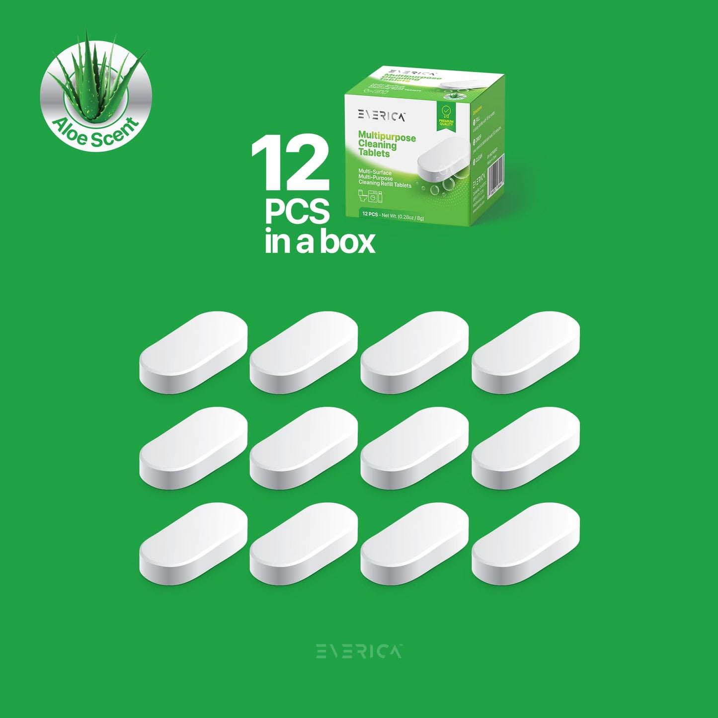 EVERICA Multipurpose Cleaning Tablets - Powerful All-Purpose Cleaner for Water Bottles Surfaces - Eco-Friendly and Gentle - 12 Pack Aloe Scented