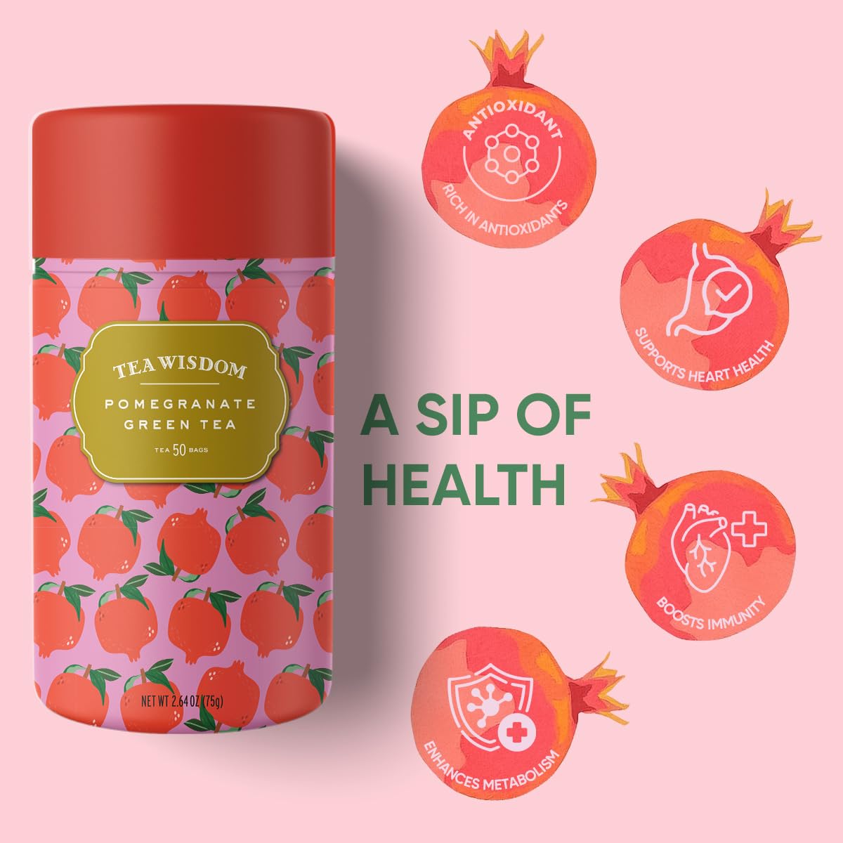 Life Plus Style Gourmet Tea Wisdom Pomegranate Tea Ceylon Green Tea Bags Caffeinated Healthy Teas Natural Antioxidant Rich Herbal Non-GMO Immunity Tea