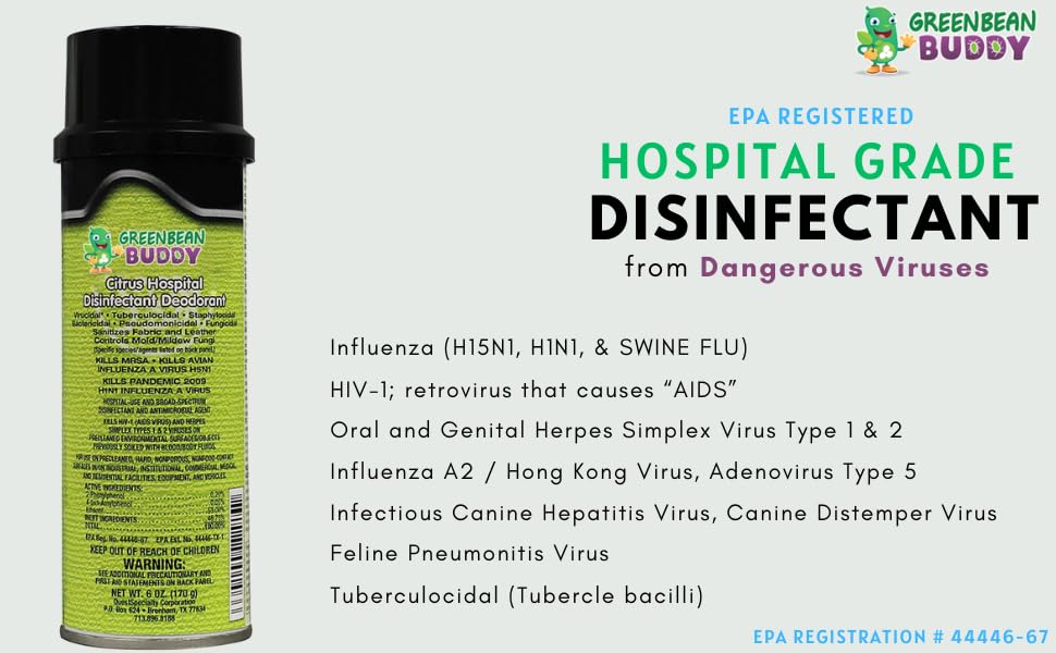 Green Bean Buddy Hospital Grade Disinfectant Flu Spray, Tubercilocidal, Herpes Spray, Staph Infection, HIV, Mold Control, All Surface Sanitizer, 20oz