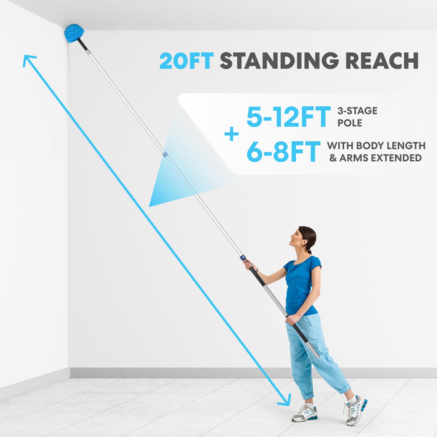 Simpli-Magic 5-to-12 Foot Cobweb Duster with Extension Pole Combo (20 Ft Reach, Medium-Stiff Bristles), Spider Web Brush with Pole - Hand-Packaged