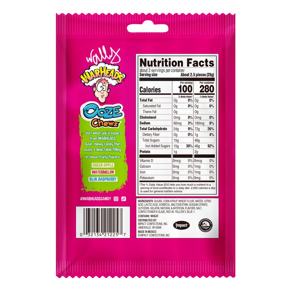 WARHEADS Ooze Chewz Ropes - Chewy Candy Ropes with Sour Filling - Watermelon, Blue Raspberry & Green Apple Flavors - 3 oz. Bag