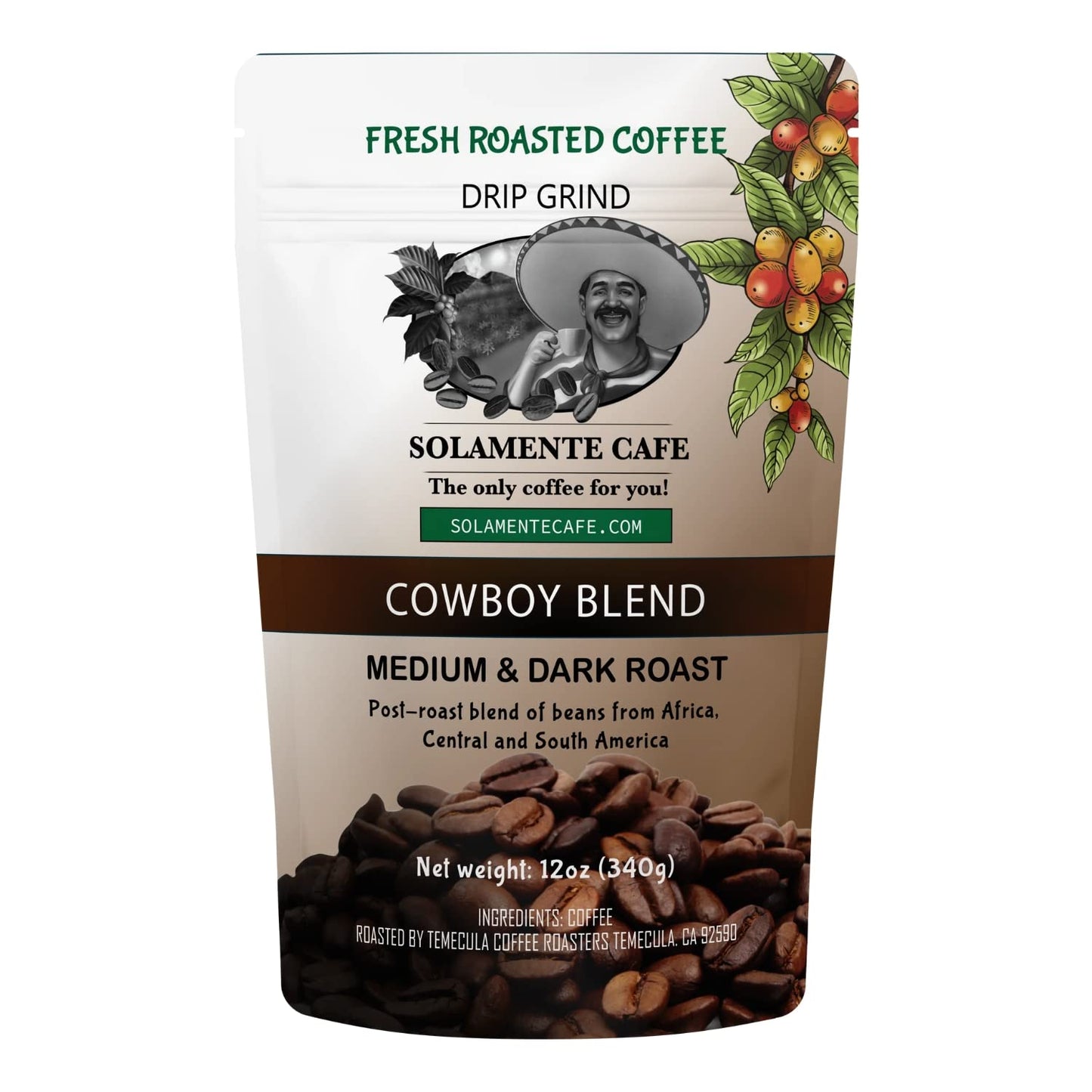 Solamente Cafe Cowboy Blend - Medium And Dark Roast (12 OUNCES)