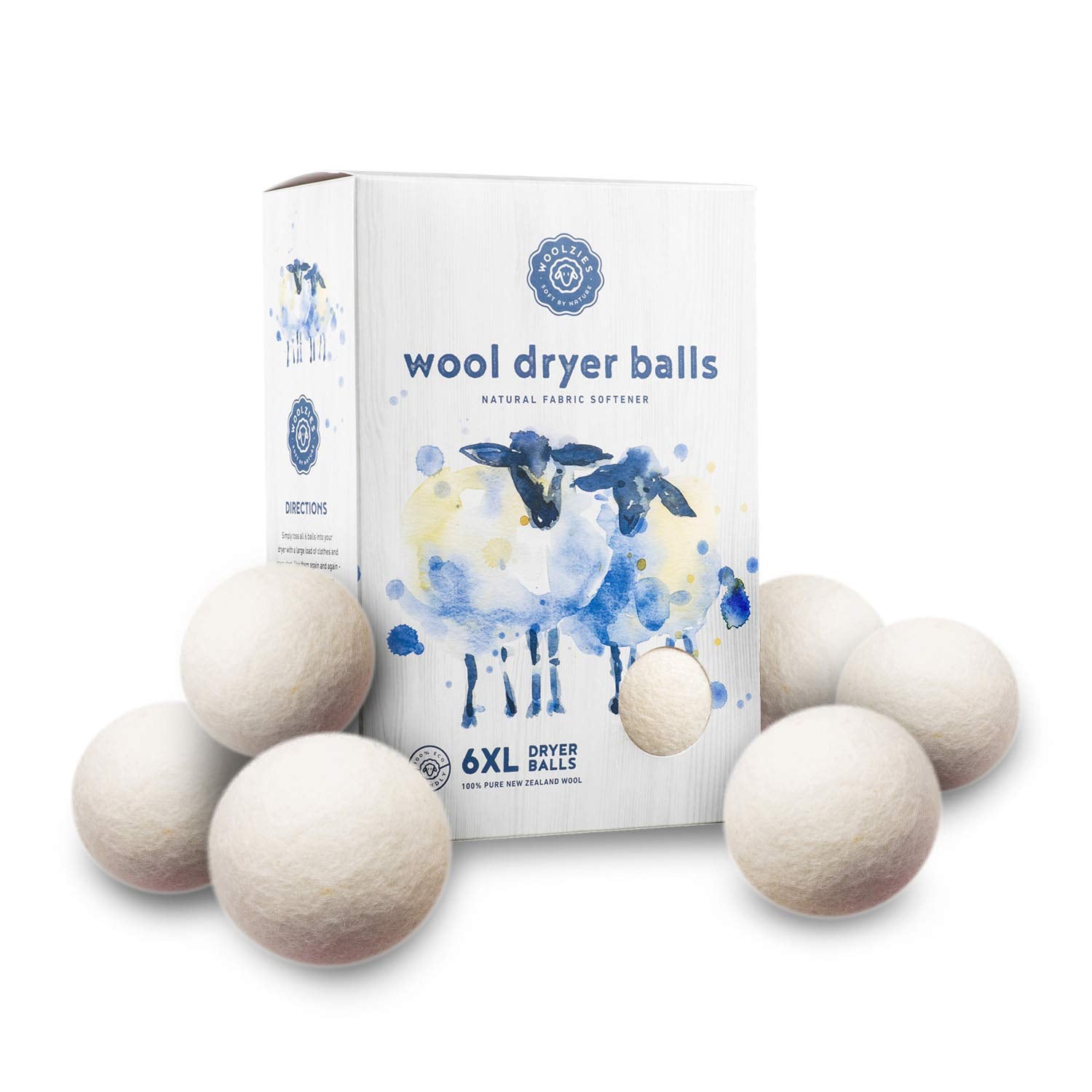 Woolzies Wool Dryer Balls Organic: 6 XL Laundry Balls for Dryer + 10 ml Still Breeze Essential Oil Combo for use as 100% Pure and Natural Fabric