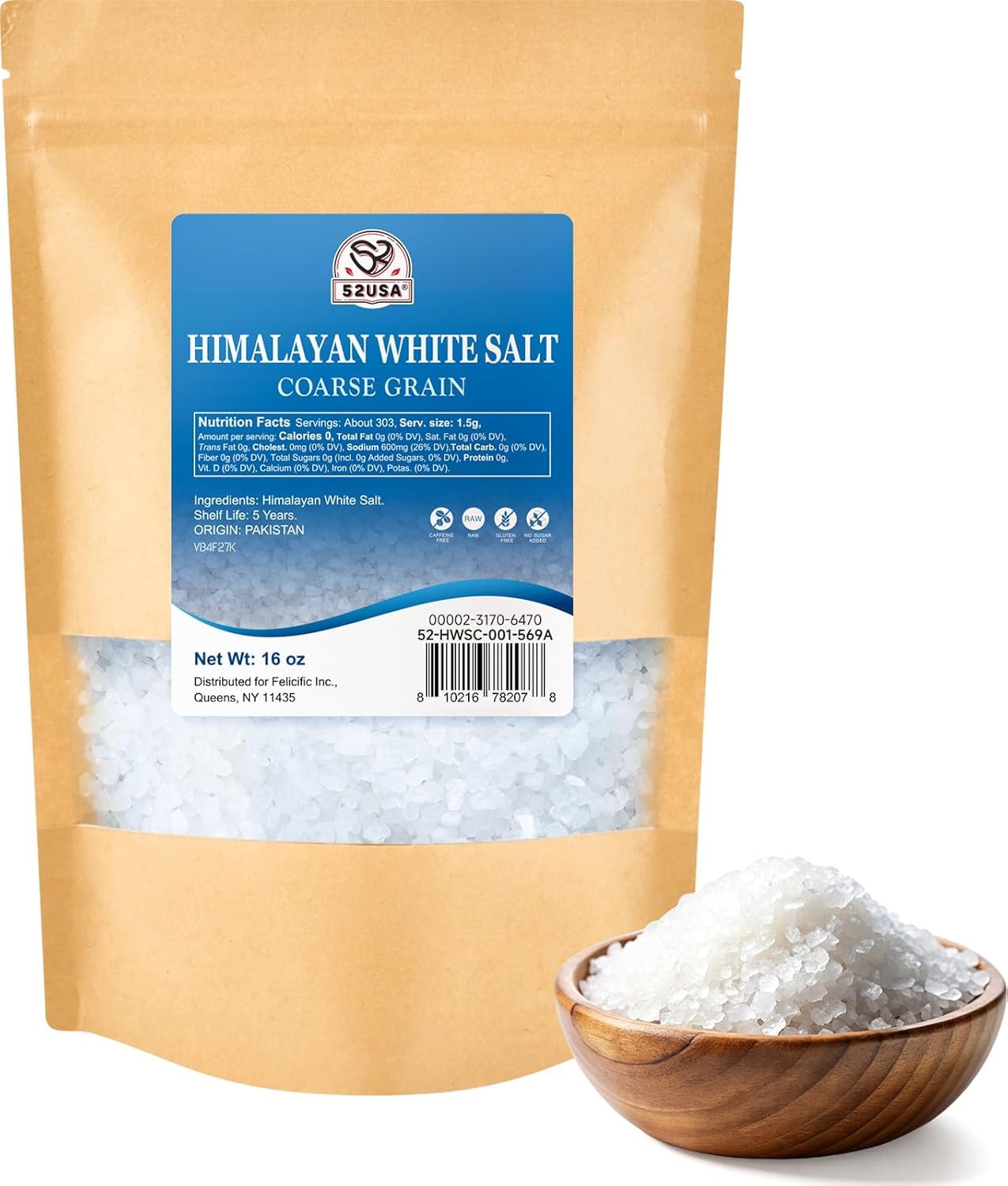 52USA Himalayan White Salt, Coarse Salts 16 oz*40 (1 Pound*40), Salt for Grinder Refill, Non-GMO, Kosher, All Natural, 1 Box
