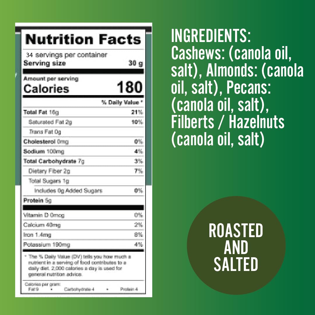 Germack® - Fancy Deluxe Mixed Nuts - Almonds, Cashews, Pecans and Filberts (Hazelnuts) - Roasted and Salted (36oz Jar)