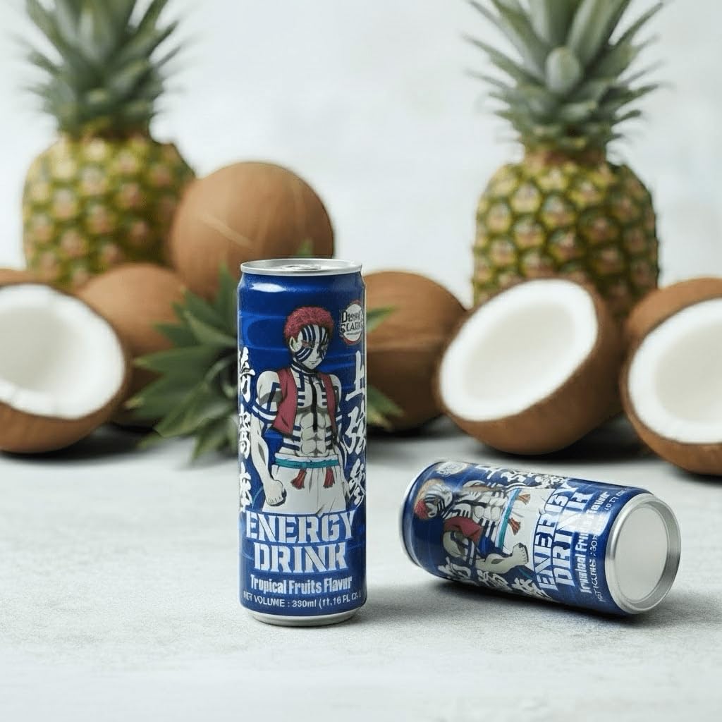 Demon Slayer Tropical Fruit Energy Drink - 11.16 fl oz (330 ml) Cans - Akaza Collectible Anime Character Drink (6-Pack)