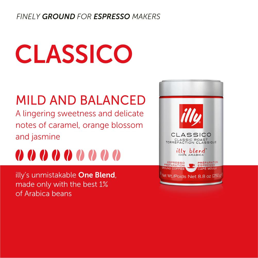 illy Ground Coffee Espresso - 100% Arabica Coffee Ground - Classico Medium Roast - Notes of Caramel, Orange Blossom & Jasmine - Rich Aromatic Profile
