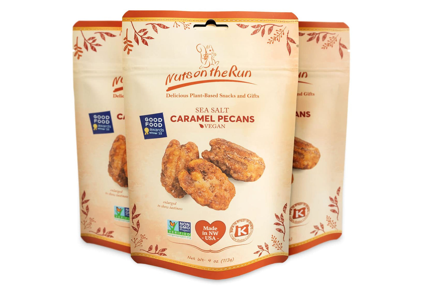 Nuts on the Run Sea Salt Caramel Pecan Pralines - Candied Pecans with Salted Caramel - Vegan, Gluten-Free, Kosher, Non-GMO Glazed Pecans - 4oz (Pack