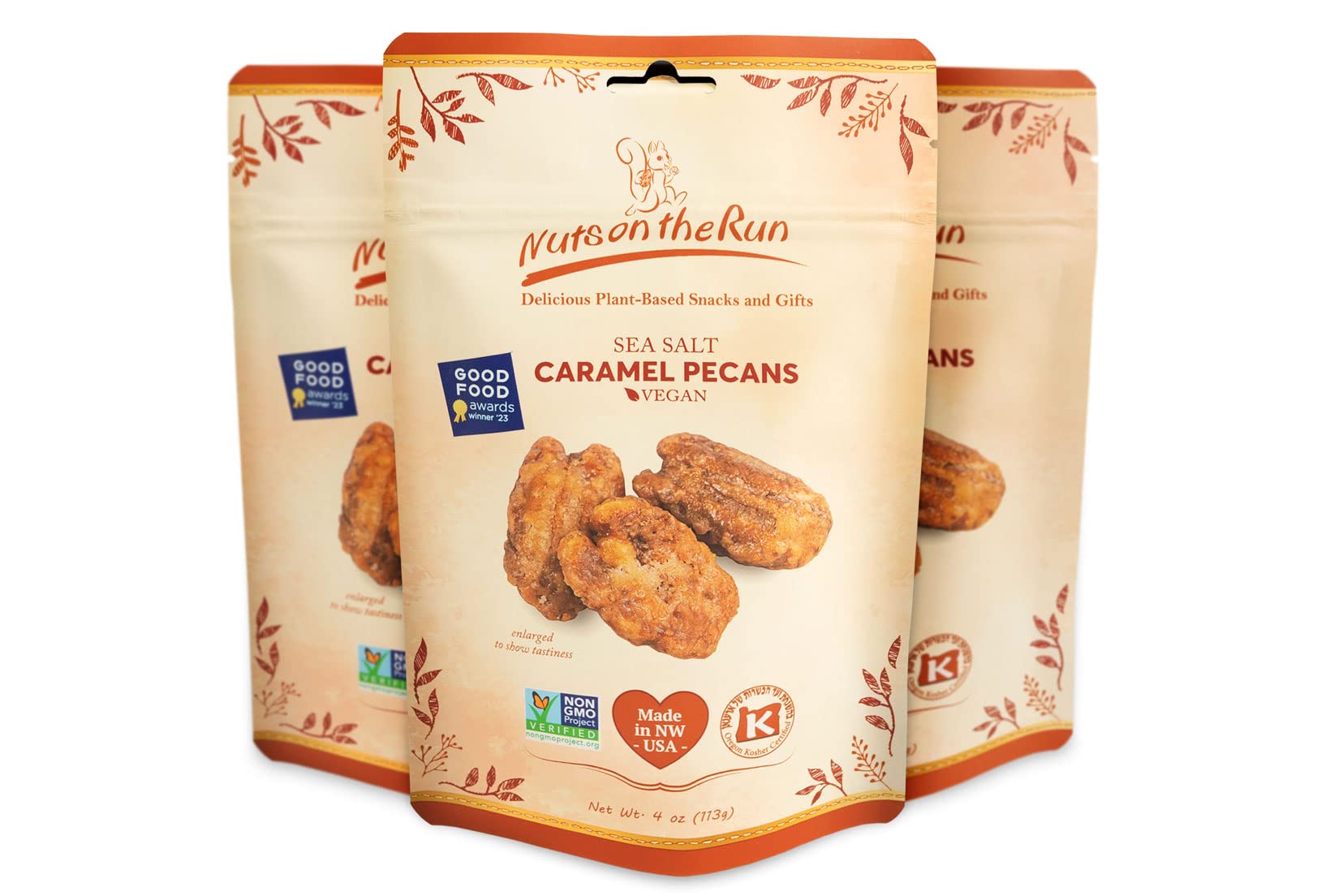 Nuts on the Run Sea Salt Caramel Pecan Pralines - Candied Pecans with Salted Caramel - Vegan, Gluten-Free, Kosher, Non-GMO Glazed Pecans - 4oz (Pack