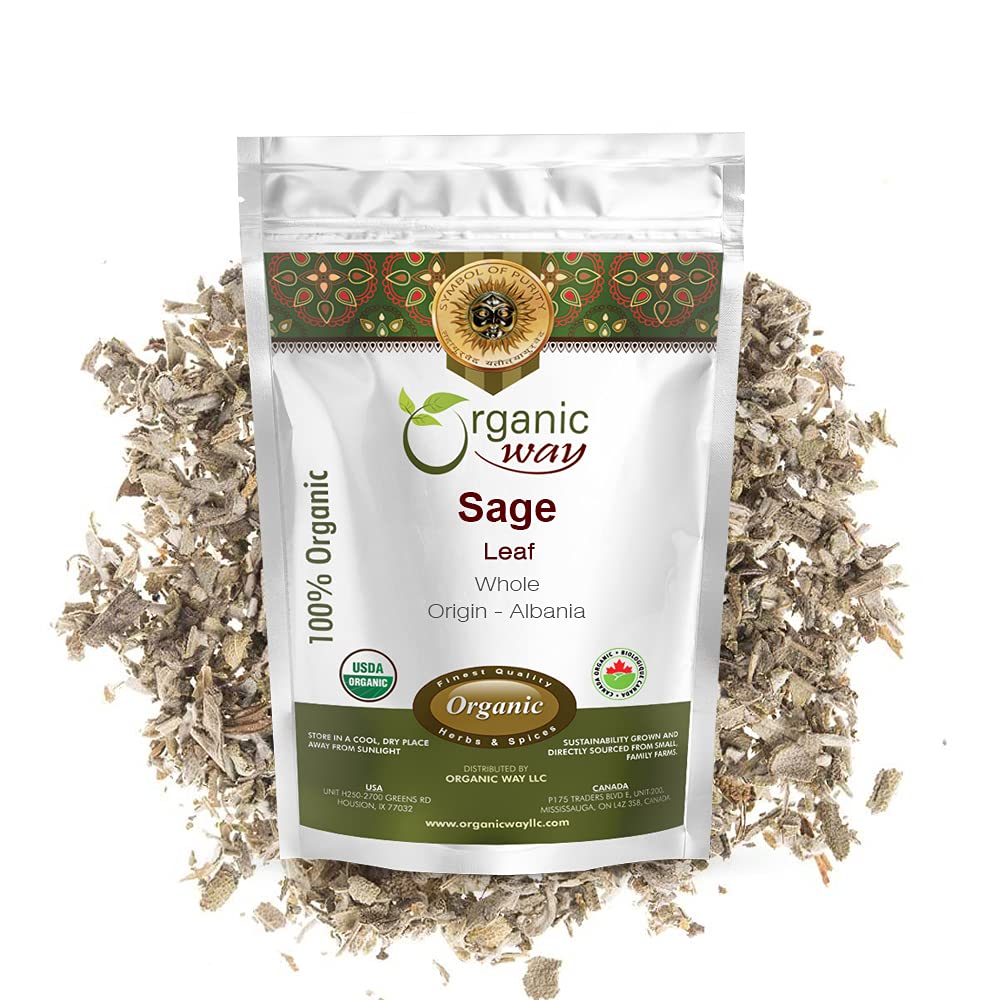 Organic Way Dried Sage Leaf Whole (Salvia officinalis) - European Wild-Harvest | Organic & Kosher Certified | Vegan, Non GMO & Gluten Free | USDA