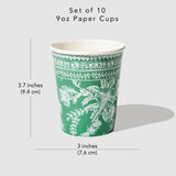 Coterie Green Toile Paper Cups (Set of 10) - Decorative & Durable Disposable Cups for Bridal Party, Birthday Party, Baby Shower, Tea Party, Spring