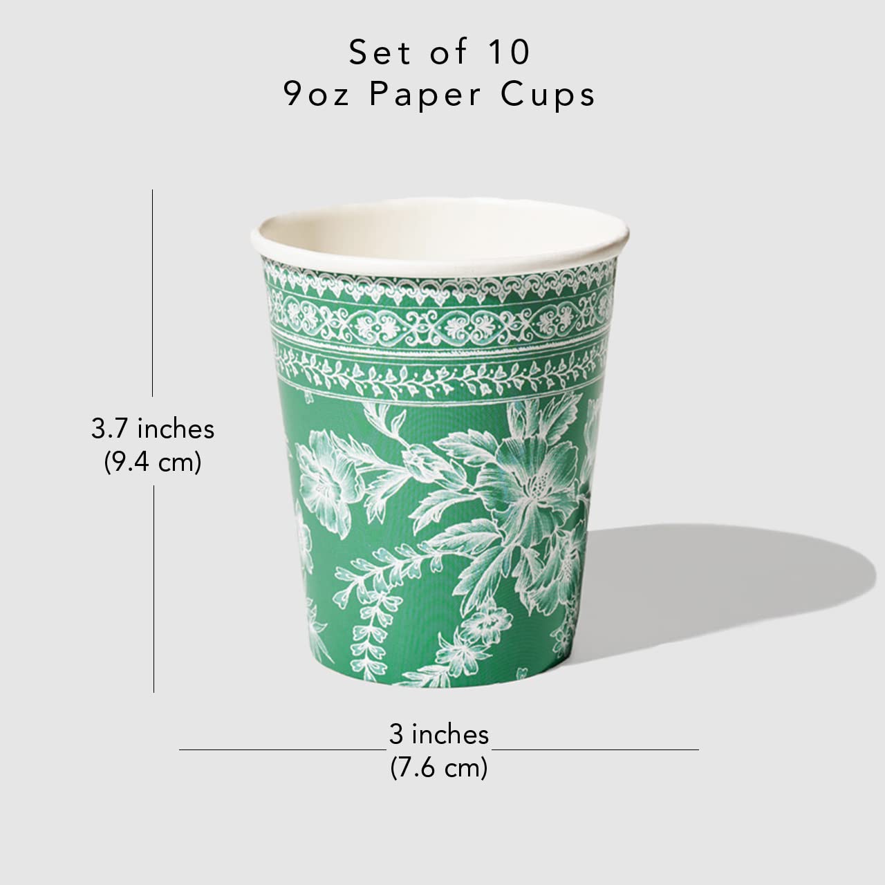 Coterie Green Toile Paper Cups (Set of 10) - Decorative & Durable Disposable Cups for Bridal Party, Birthday Party, Baby Shower, Tea Party, Spring