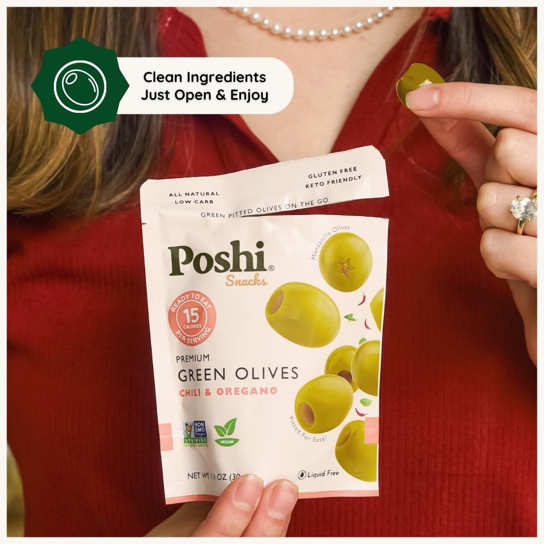Poshi Natural Whole Pitted Olives | 24 Pack Variety | Basil & Garlic, Chili & Oregano, Chili + Garlic, Lemon & Rosemary | Vegan, Kosher, Gluten Free +