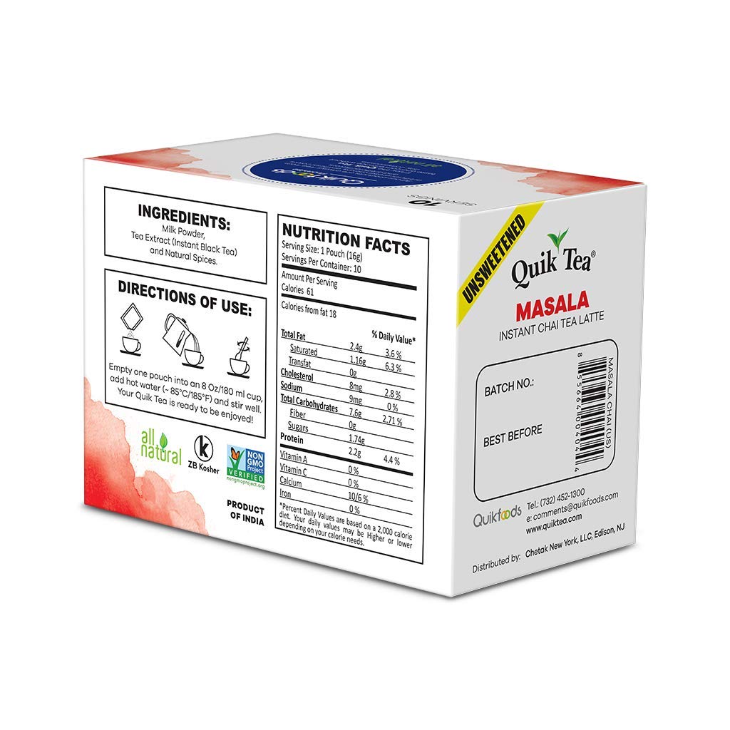 QuikTea Unsweetened Masala Chai Tea Latte - 100 Count (10 Boxes of 10 Each) - All Natural Preservative Free Authentic Instant Chai