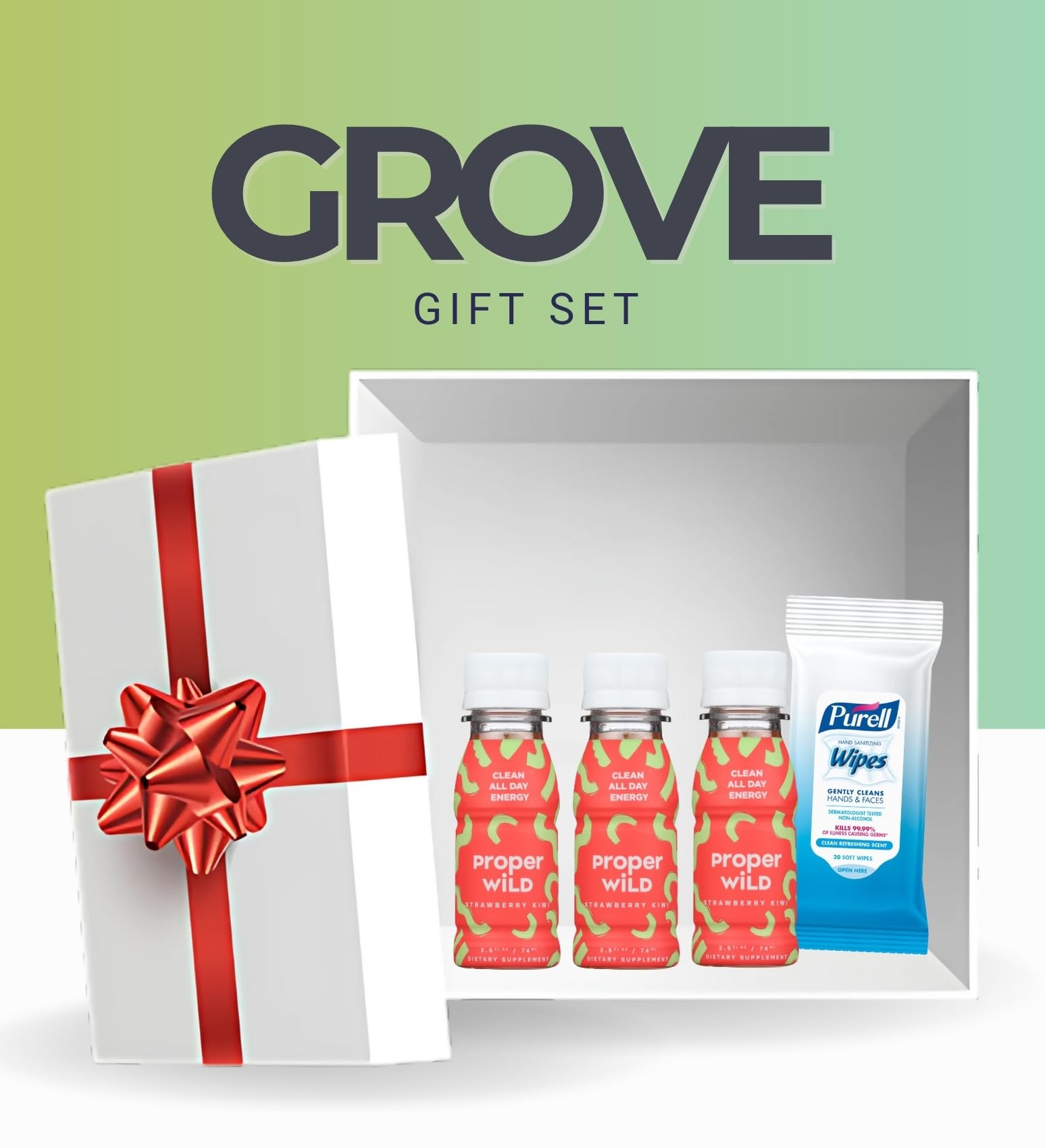 3x Proper Wild Shot Energy Strawberry Kiwi 2.5 FO Bundle with Hand Sanitizing Wipes - Clean Energy Shots with GreenTea Caffeine & L-Theanine for Focus