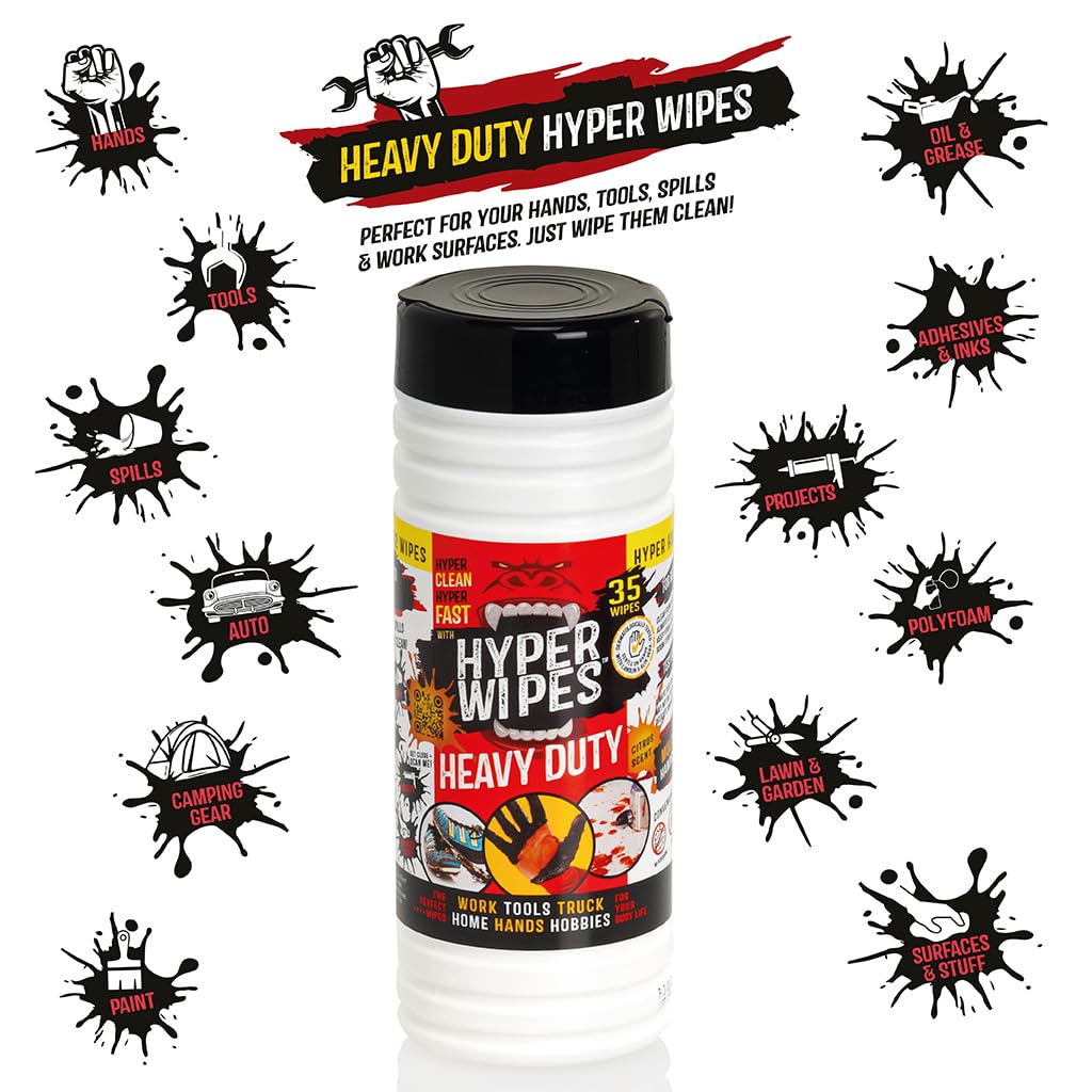 Hyper Wipes, 12 Pack Heavy Duty Hand & Tool Cleaning Wipes, 7"x12" Size Multi-Surface Cleaning Wipes, Degreasing, All Purpose Cleaner, Bathroom