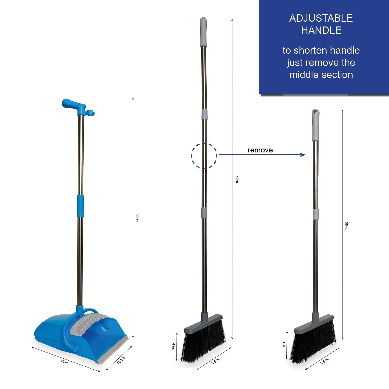 JFB Home Products BristleComb Outdoor Broom & Dustpan Set Upright, 49" Long Adjustable Broom, Long Handle, Self-Cleaning Comb & 2 Interchangeable