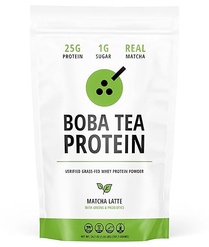 Boba Tea Protein Matcha Latte | 25g Grass-Fed Whey Protein Isolate Powder | Gluten-Free & Soy-Free Bubble Tea Protein Drink | Real Ingredients