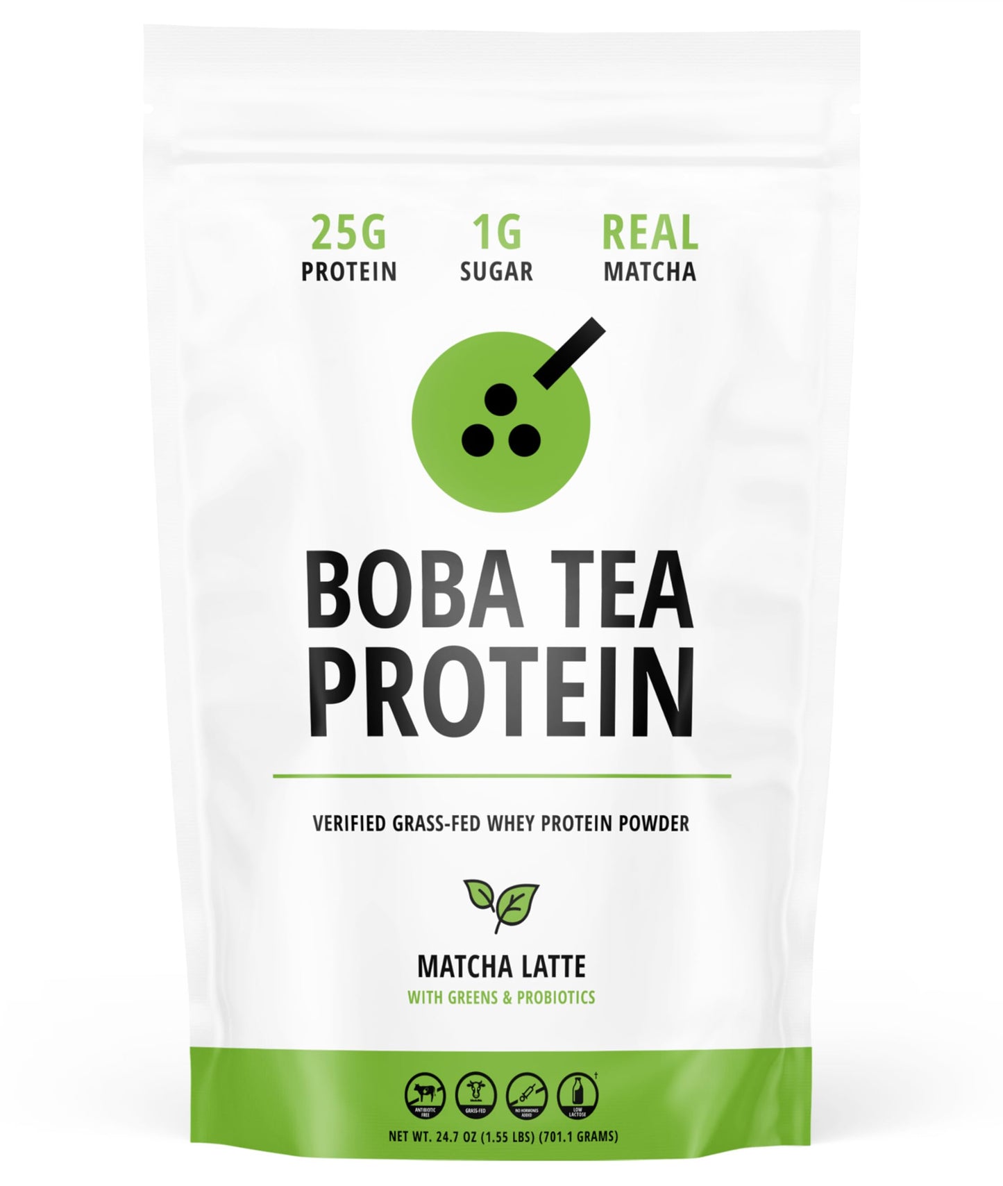 Boba Tea Protein Matcha Latte | 25g Grass-Fed Whey Protein Isolate Powder | Gluten-Free & Soy-Free Bubble Tea Protein Drink | Real Ingredients