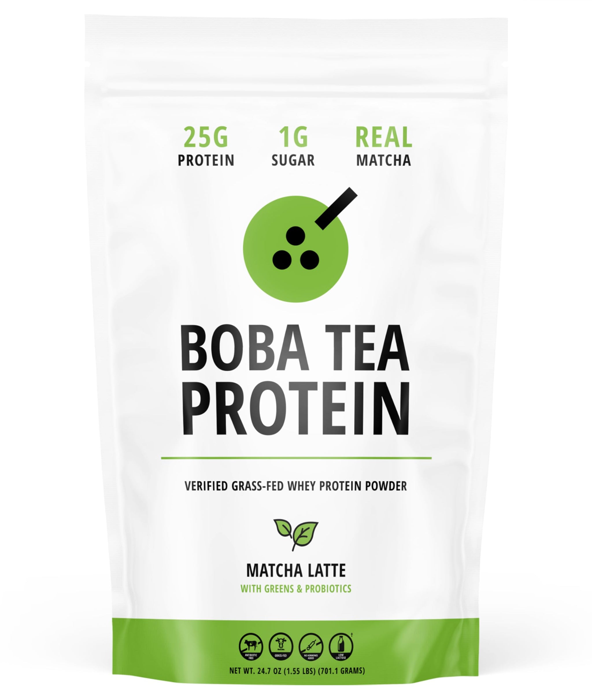 Boba Tea Protein Matcha Latte | 25g Grass-Fed Whey Protein Isolate Powder | Gluten-Free & Soy-Free Bubble Tea Protein Drink | Real Ingredients