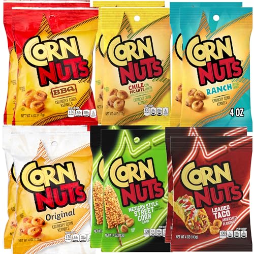 Crunchy Corn Nuts Variety Pack, 4 Ounce Bags Each (Pack of 12), 6 Flavors - Original, Loaded Taco, Ranch, Chile Picante, BBQ & Mexican Street Corn