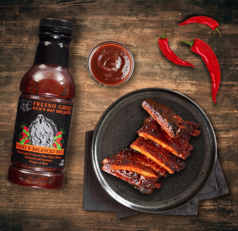 Tony Piggs Hot BBQ Sauce Fresno Ghost Flavor (19oz)- Great Condiment Topping for Wings, Ribs & Burgers at Parties - Barbecue Sauce w Hot Sauce Heat