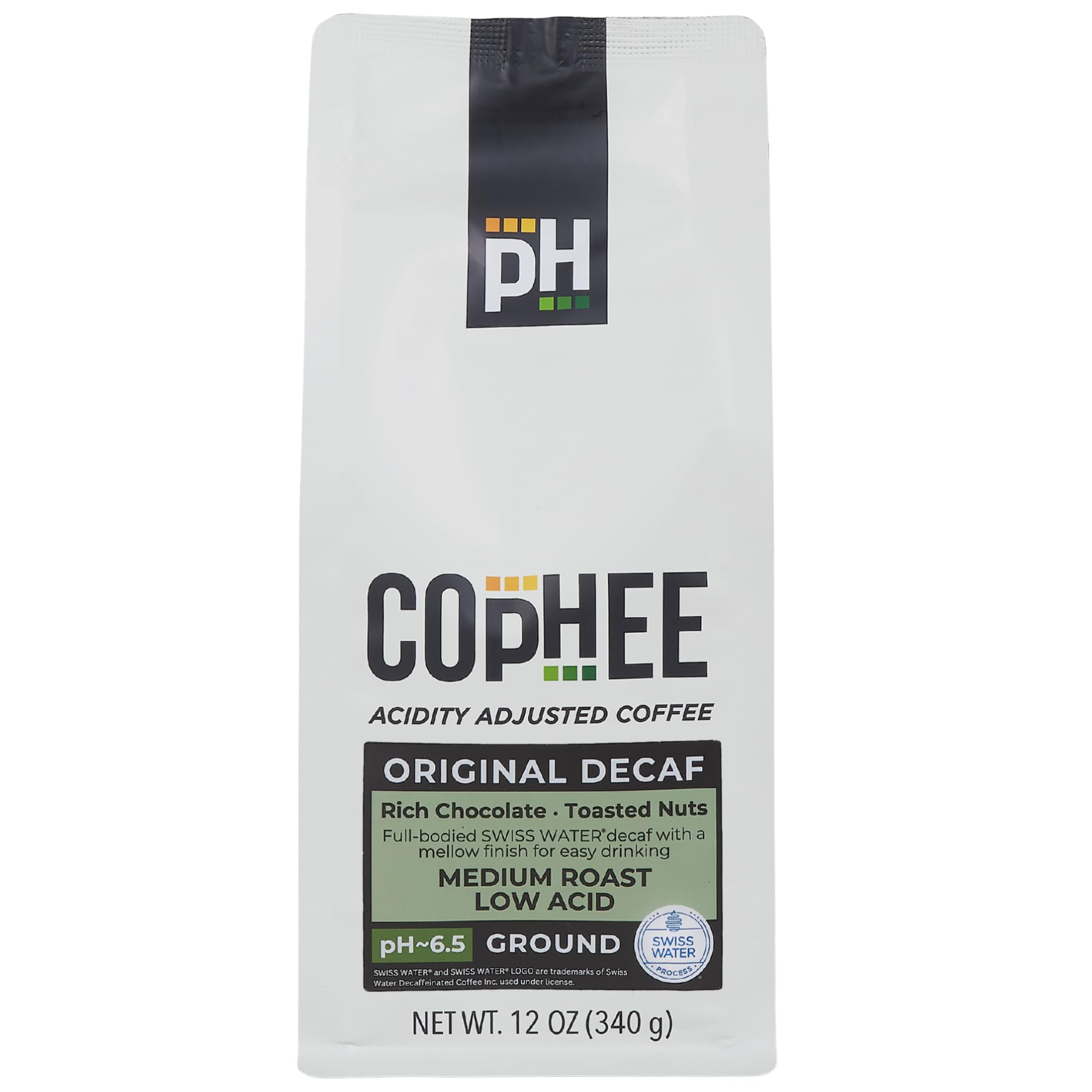 Low Acid Coffee - Decaf - Ground Medium Roast - Smooth Non-GMO Arabica Coffee - Electrolyte Infused for Sensitive Stomachs, Acid Reflux, and Heartburn