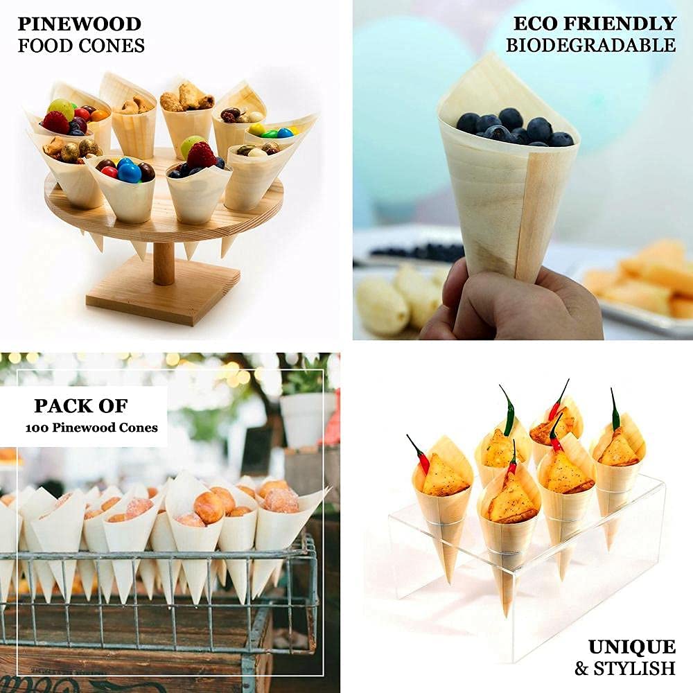 Gere Disposable Wood Charcuterie Cones Plates, Large 7.1 inches Tall x 2.75 inches Dia - 100 Pieces, for Appetizers, Charcuterie, Parties, Catering