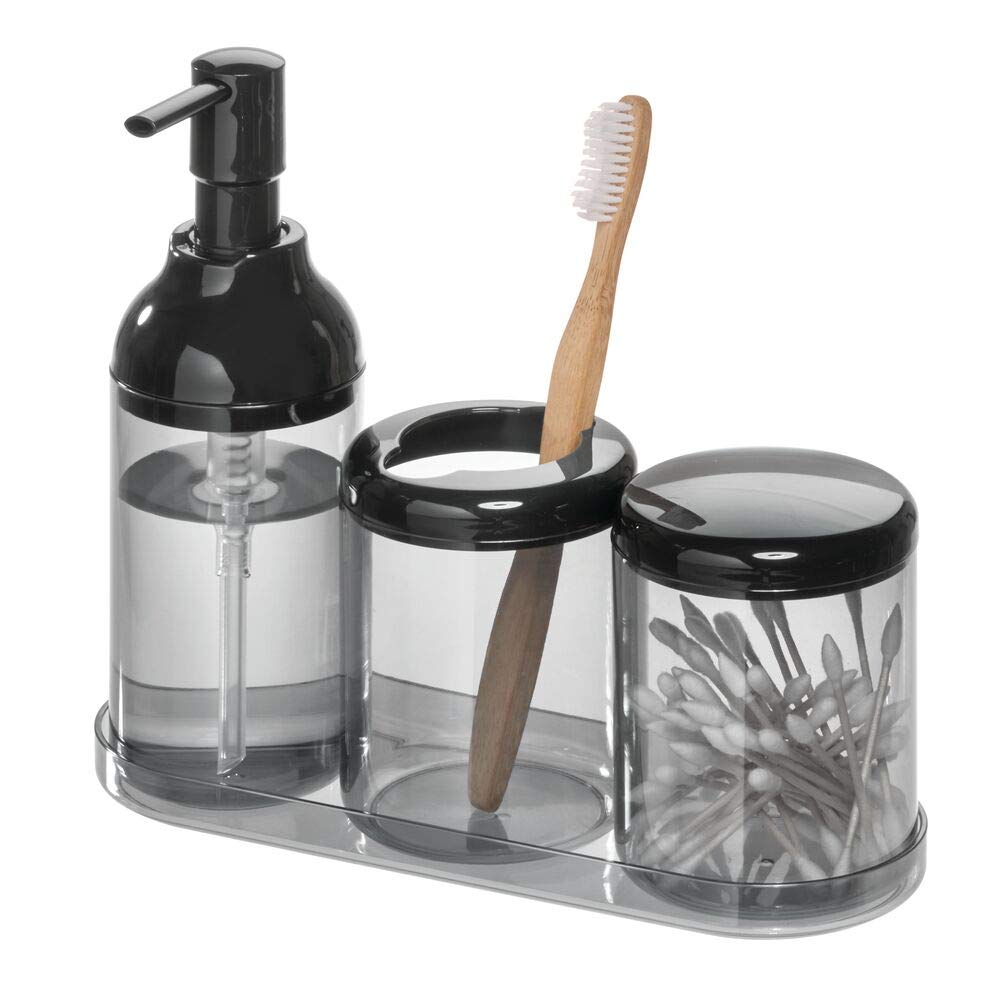 iDesign Finn Bowl Brush and Holder, Toilet Cleaning Set for Bathroom-Black/Smoke, 2 Each