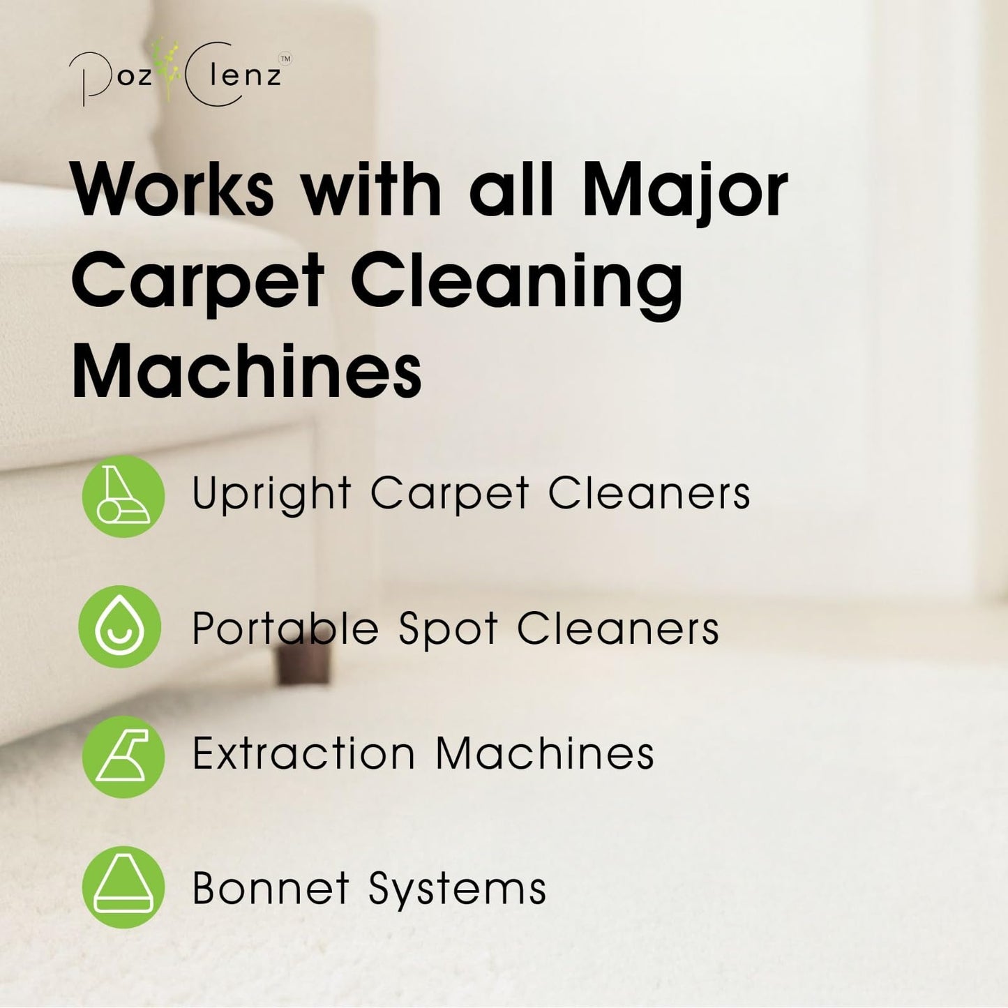 Poz Clenz Triple-Action Carpet Cleaner | Cleans, Deodorizes & Brightens | Concentrated, 1 Quart | Low-Foam Multi-Surface Solution for Use on Carpets