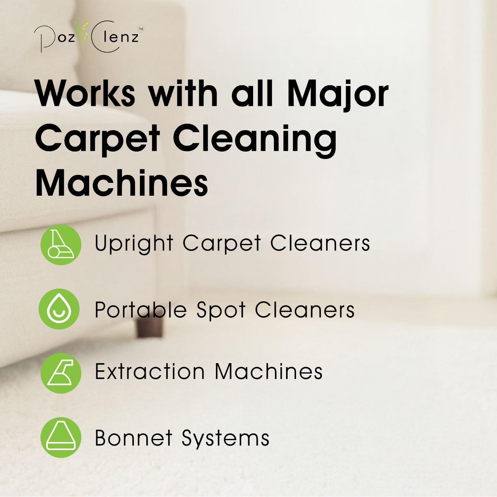Poz Clenz Triple-Action Carpet Cleaner | Cleans, Deodorizes & Brightens | Concentrated, 1 Quart | Low-Foam Multi-Surface Solution for Use on Carpets