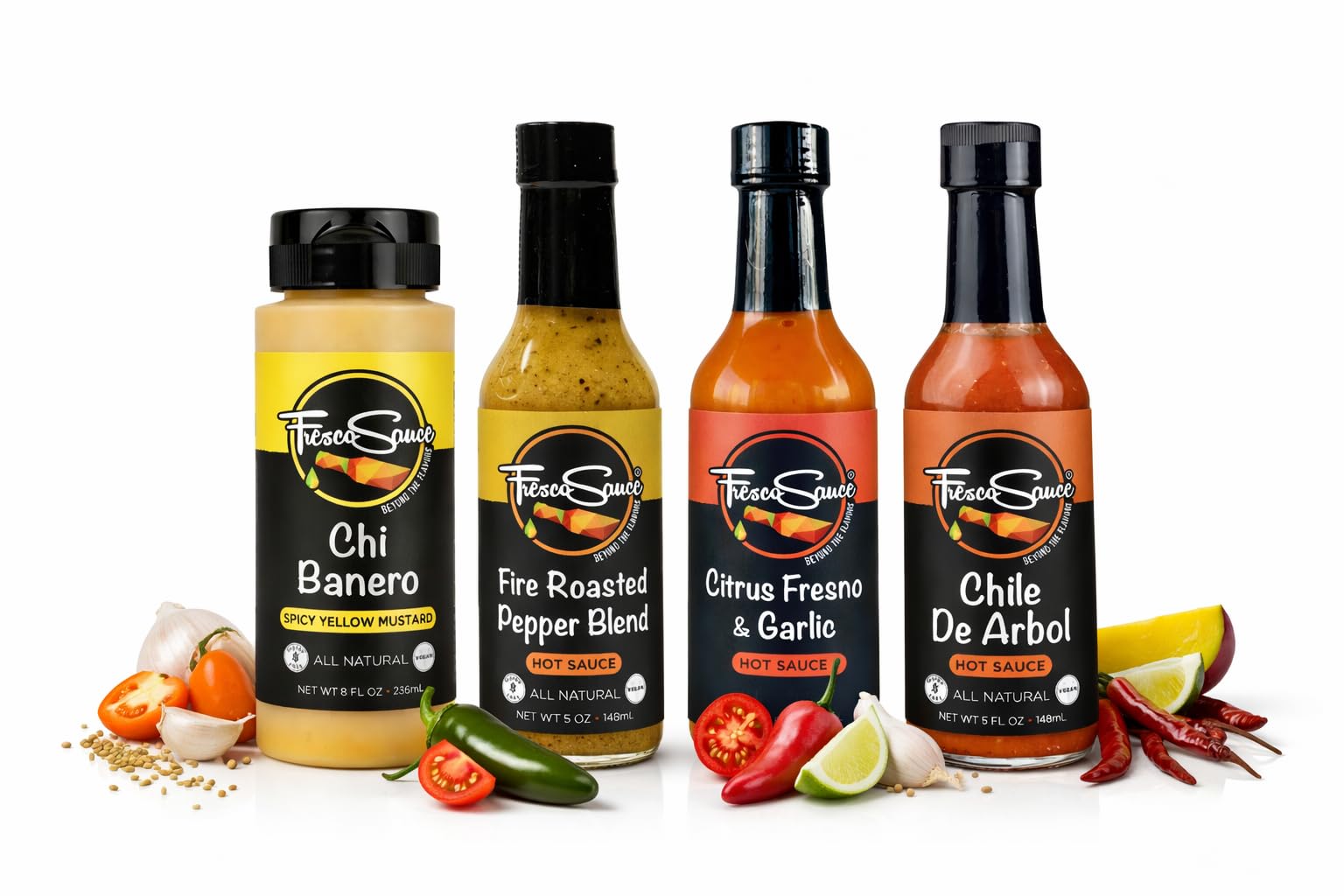 Fresco Sauce - Fabulous Hot Sauce Gift Box 4 Pack - Chi Banero Mustard - Fire Roasted Pepper Blend - Garlic Citrus Fresno - Chile De Arbol